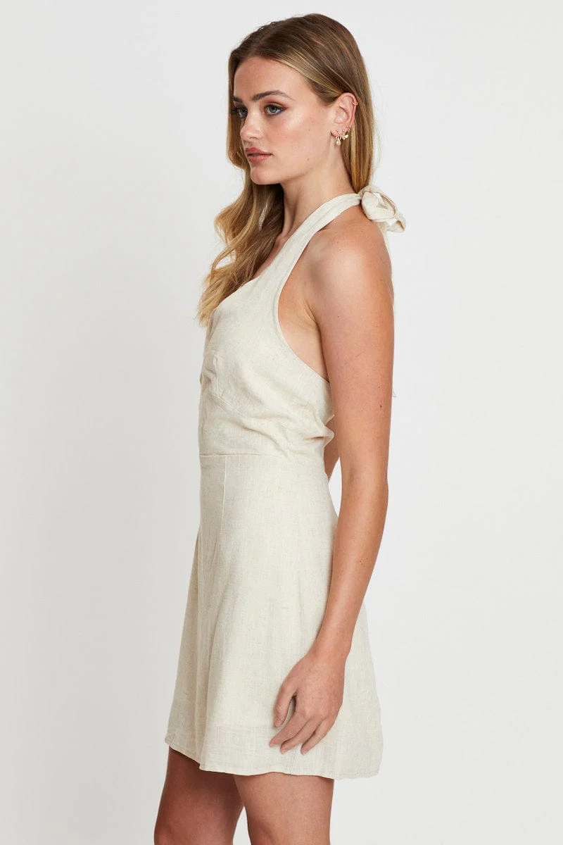 Beige Dress Sleeveless Mini Halter Neck