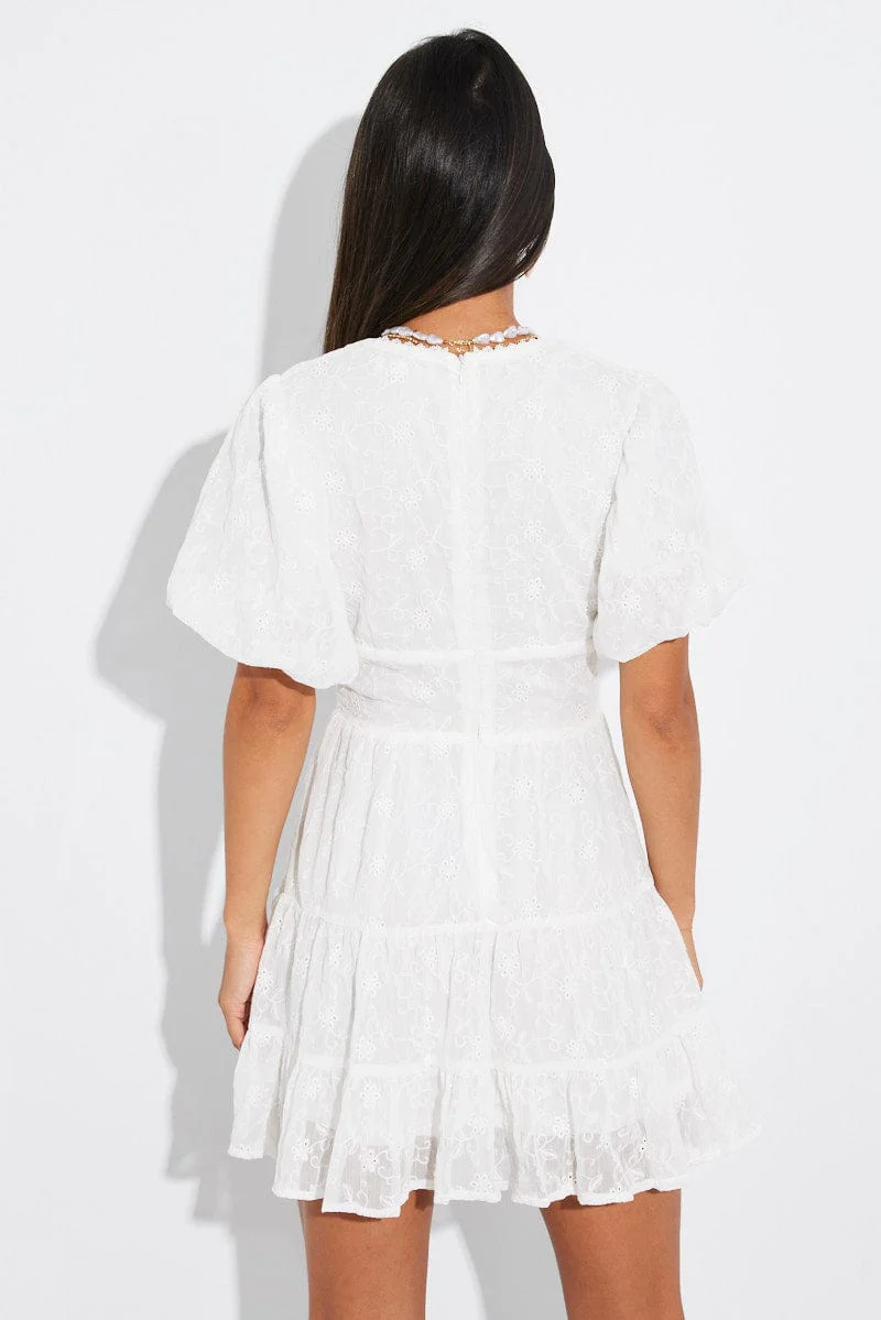 White Fit And Flare Dress Puff Sleeve Mini