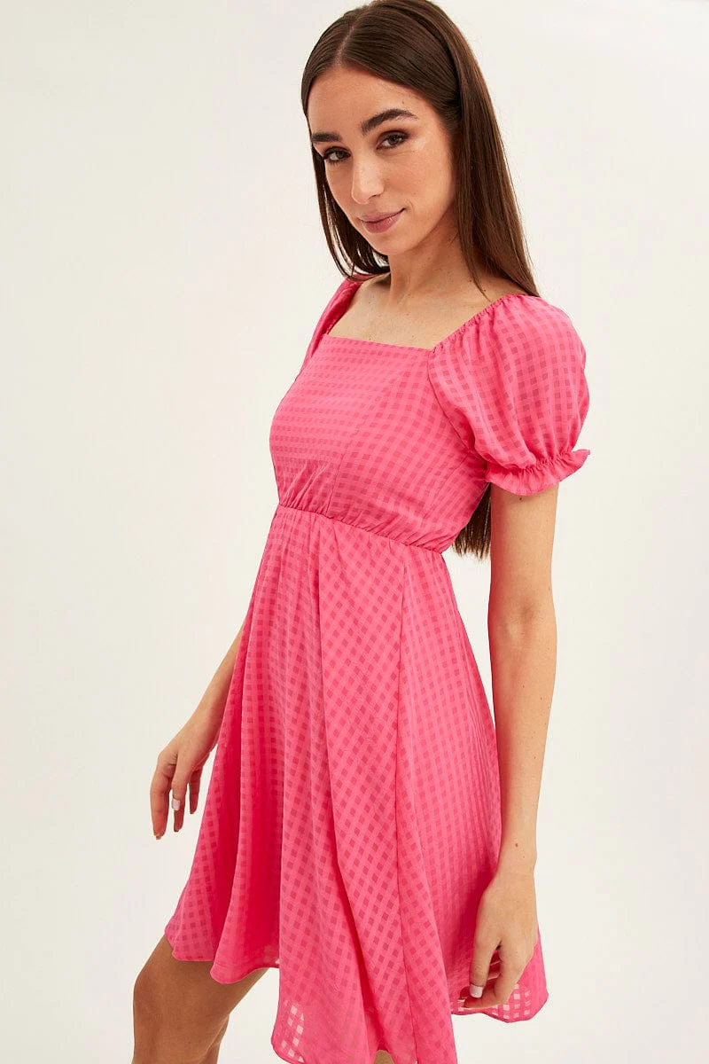Pink Square Neck Puff Sleeve Skater Dress
