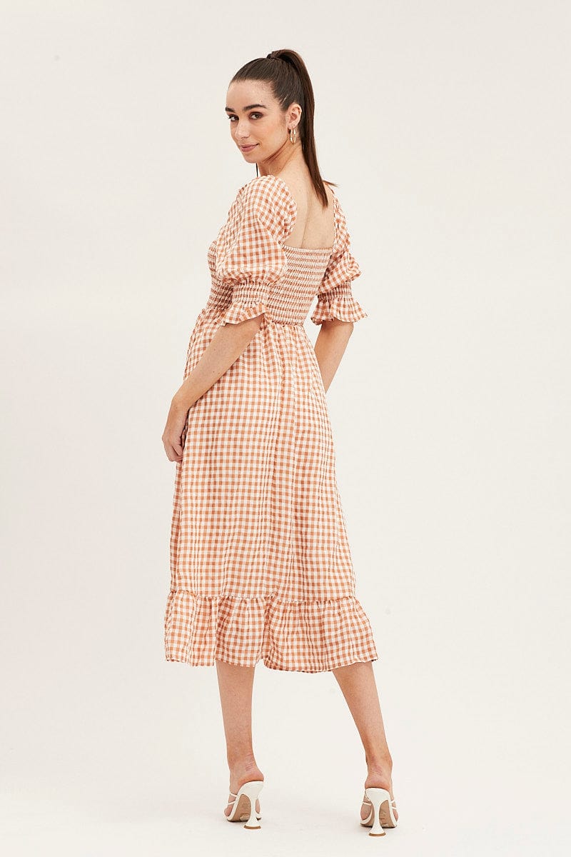 Check Shirred Bust Midi Dress