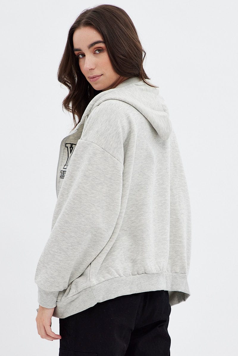 Grey Hoodie Zip Long Sleeve New York Embroidery