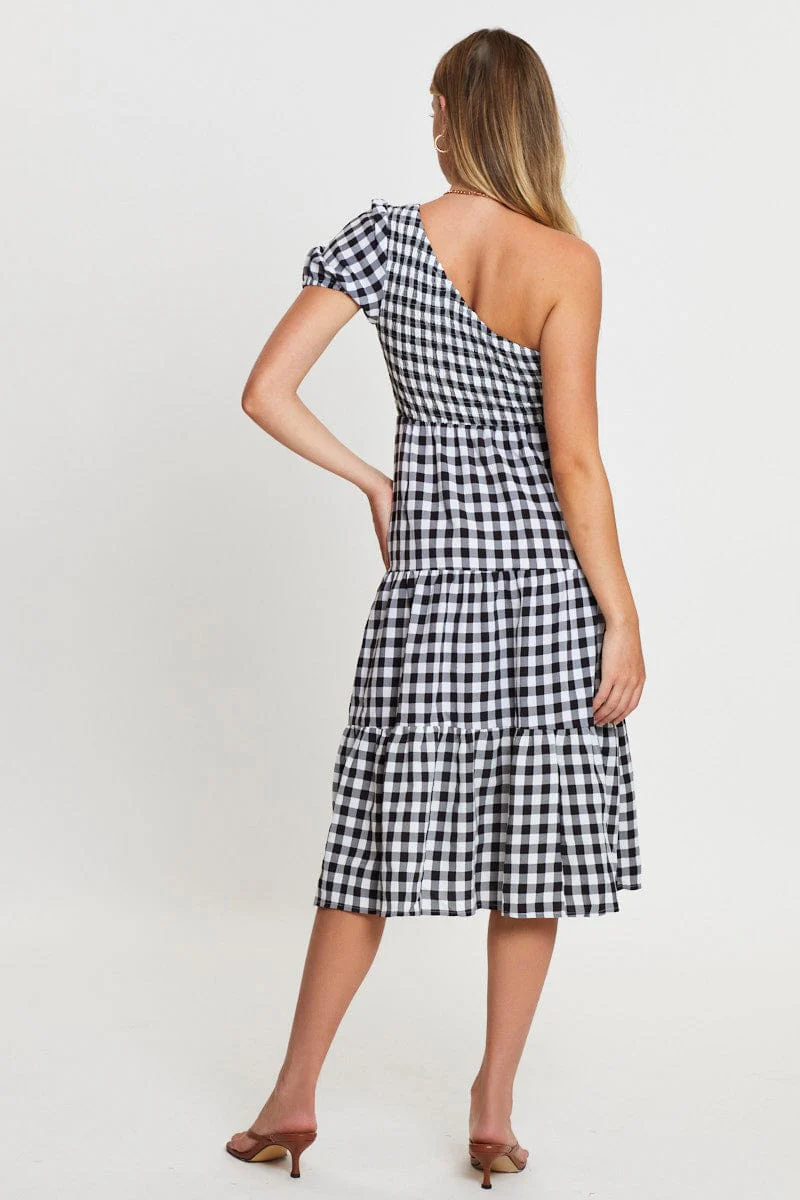 Check Midi Dress One Shoulder Short Sleeve