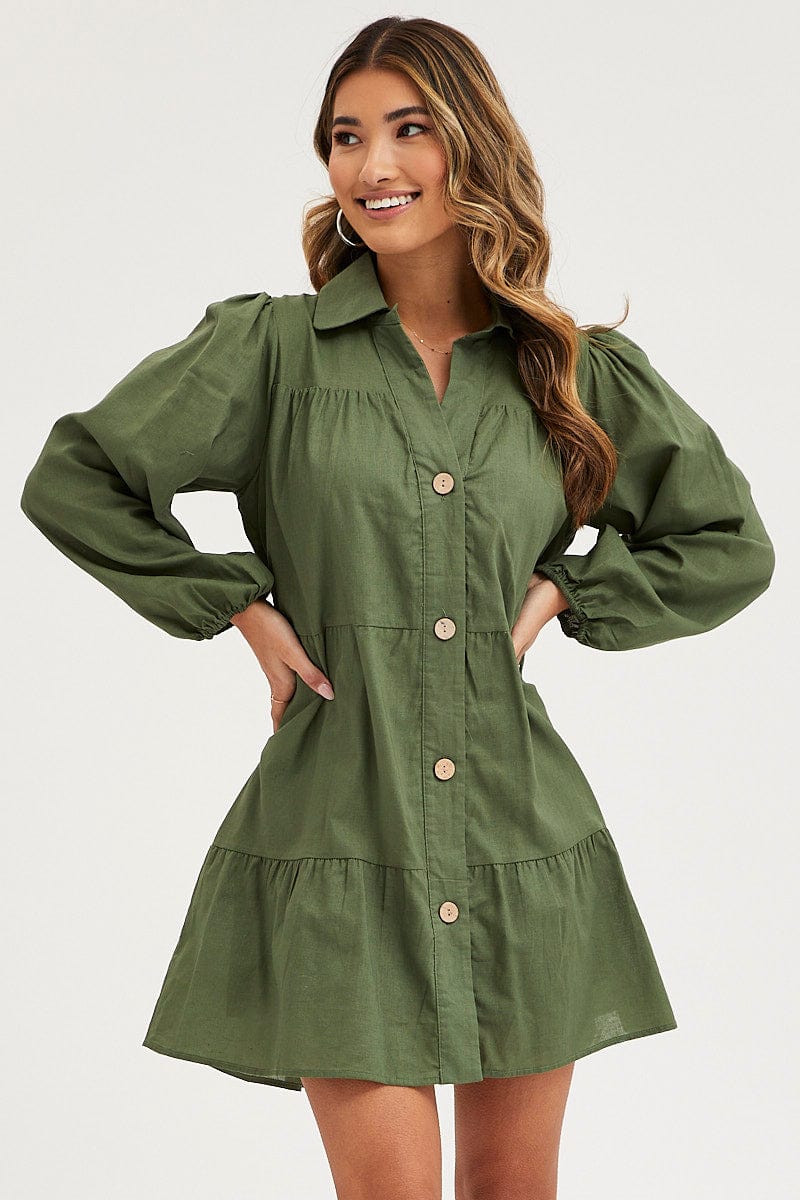 Green Tiered Dress Long Sleeve Mini