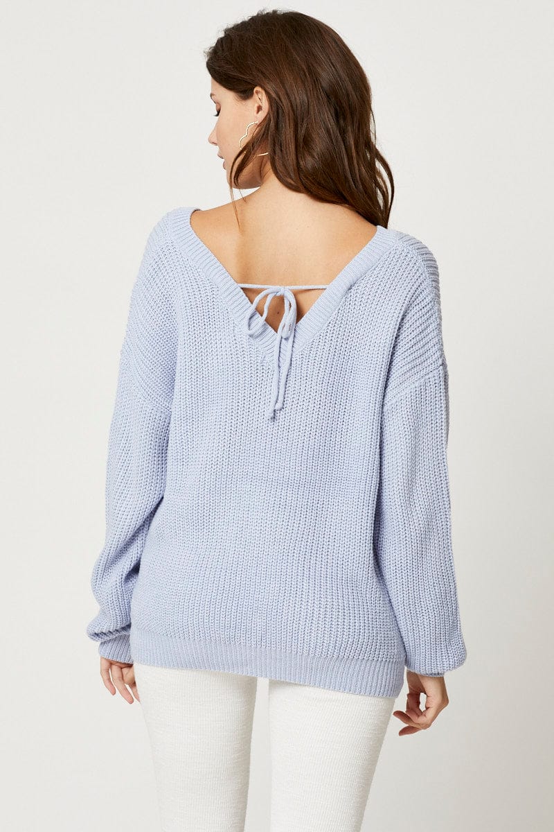 Blue V Neck Tie Back Knit