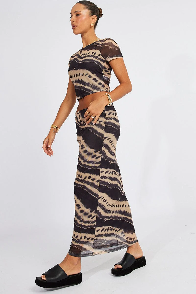 Brown Abstract Maxi Skirt High Rise Mesh