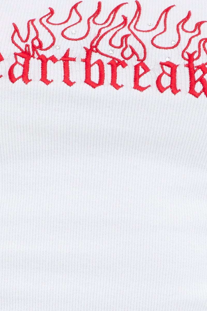 White Tank Crop Top Round Neck Embroidery