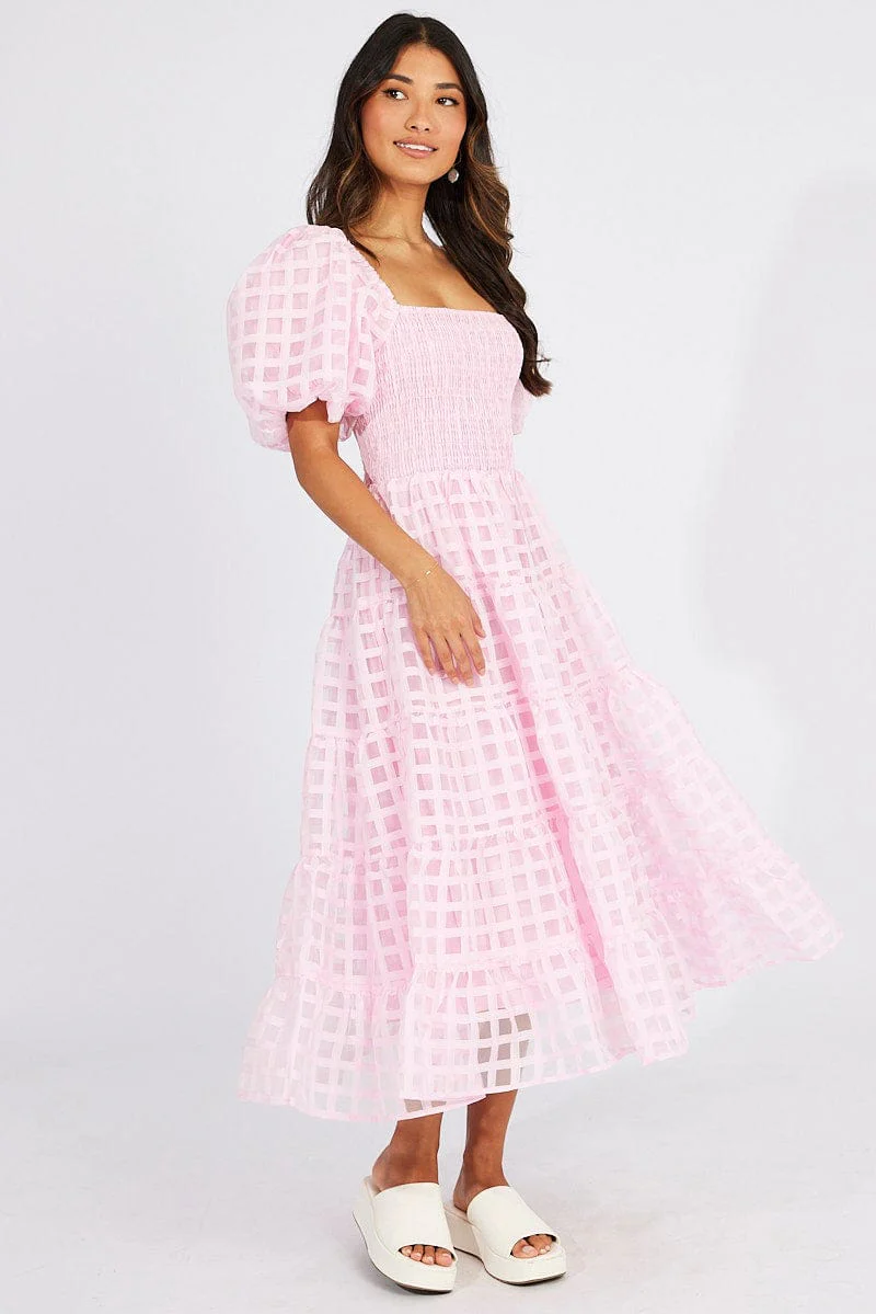 Pink Midi Dress shirred Bust Puff Sleeve