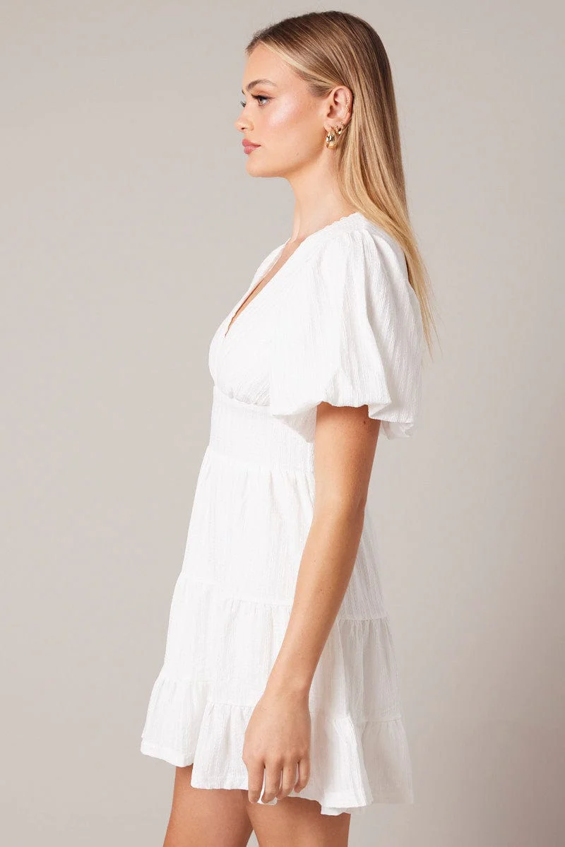 White Fit And Flare Dress Puff Sleeve
