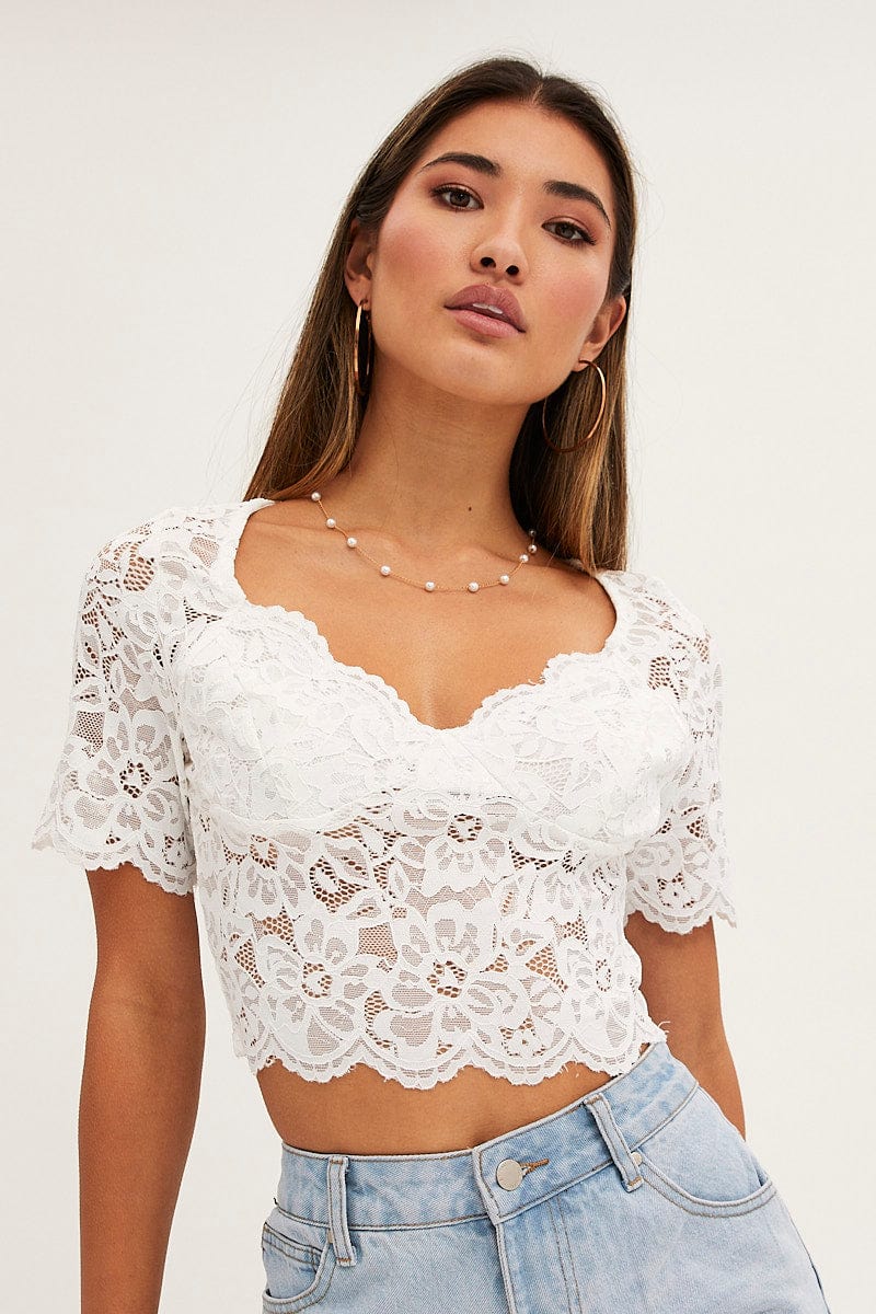 White Lace Top Short Sleeve V Neck Crop