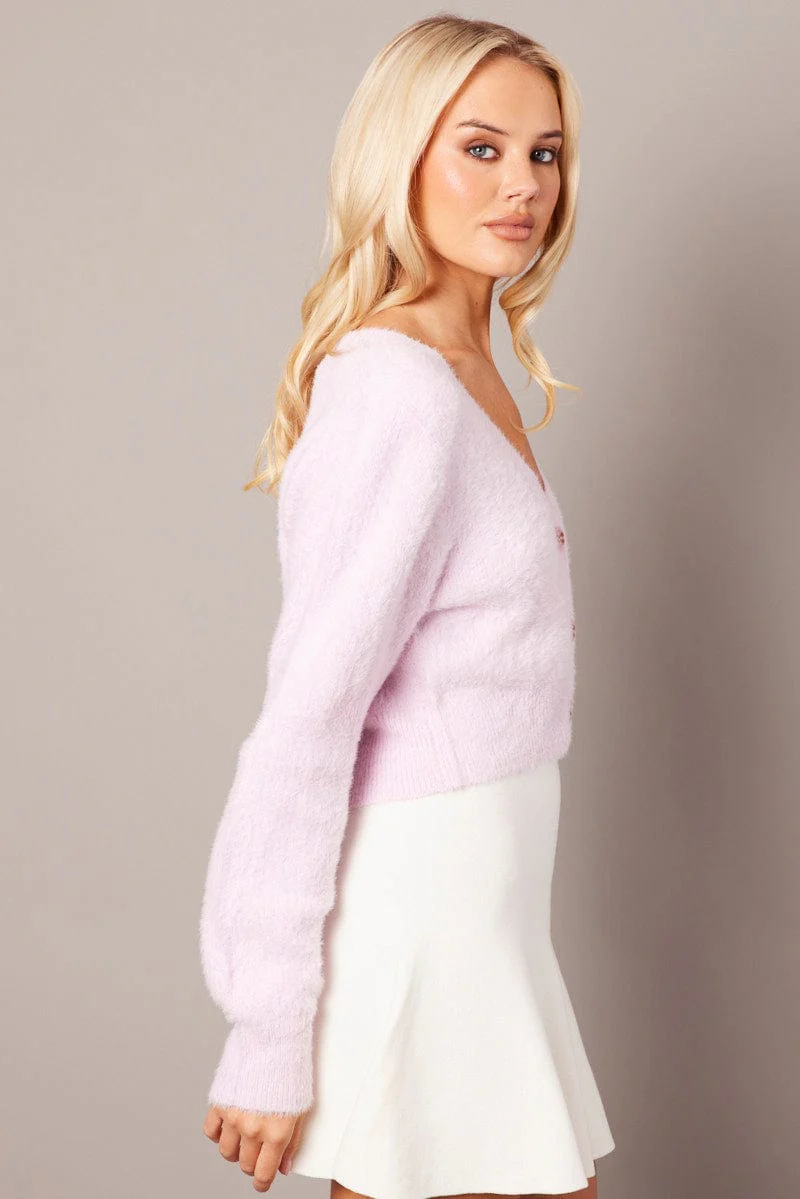 Pink Fluffy Knit Cardigan Long Sleeve V Neck