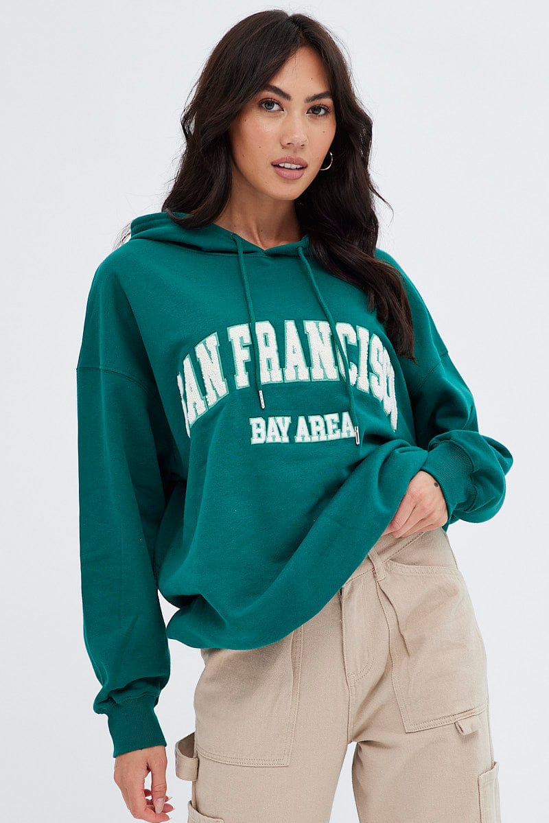 Green Sweater Round Neck San Francisco Embroidery