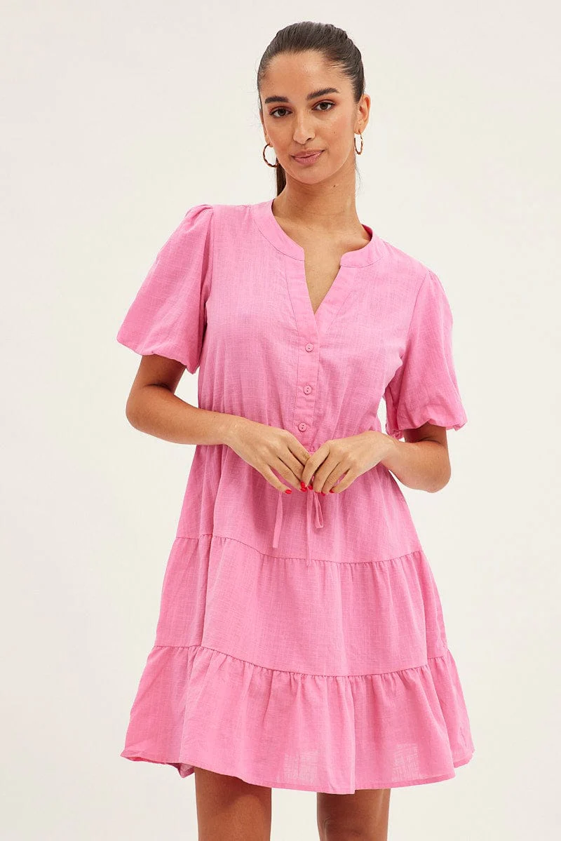 Pink Shirt Dress Short Sleeve V-Neck Tiered