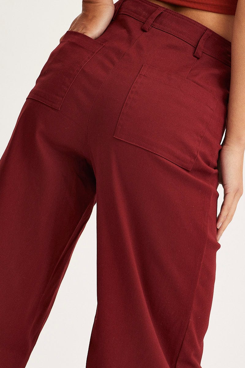 Red Cropped Pants Wide Leg High Waist