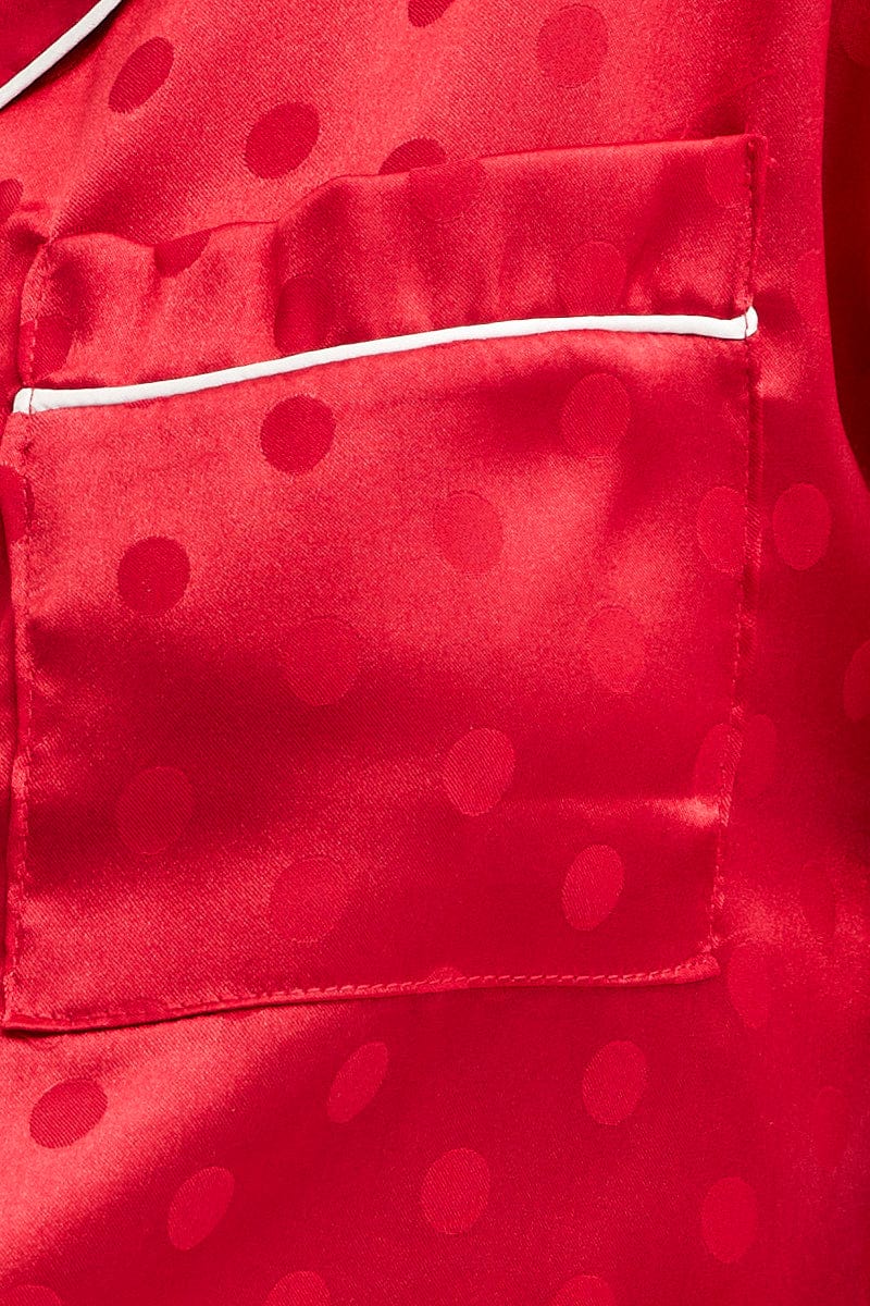 Red Polka Dot Pyjamas Set Short Sleeve Collared Shorts Satin