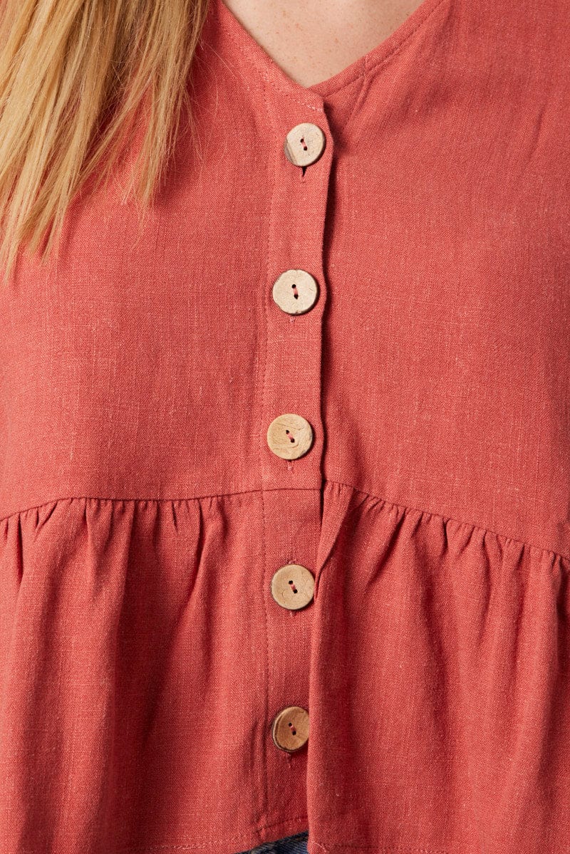 Brown Button Up Top V-Neck Frill Hem Top Linen