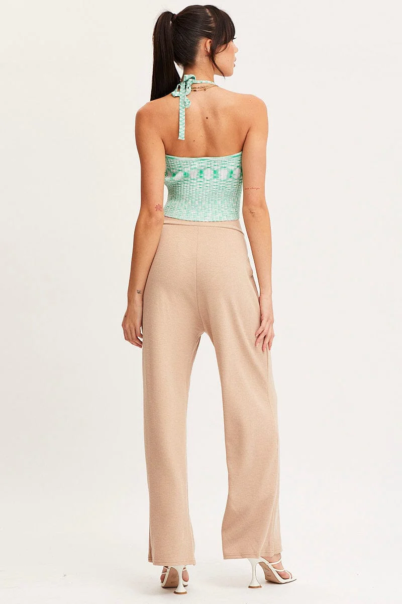 Beige Wide Leg Pants High Rise