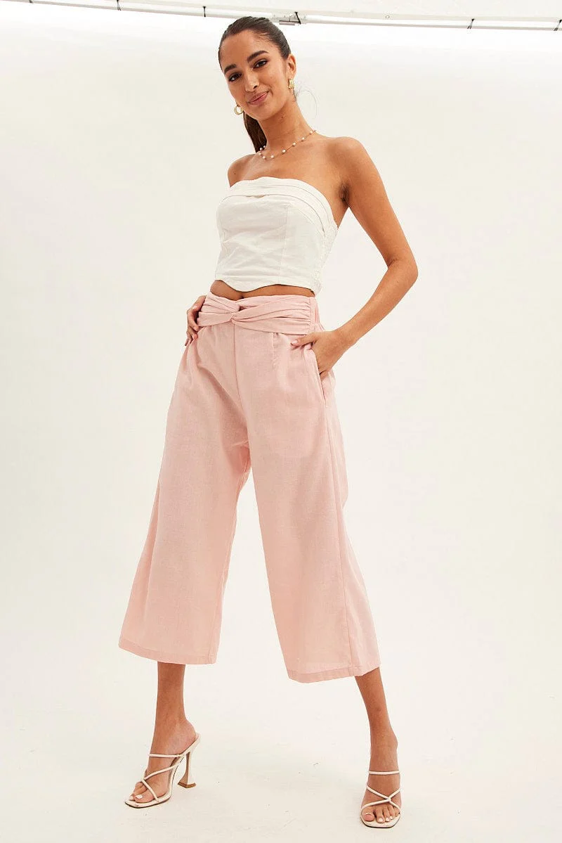 Pink Twist Front Textured Cotton Pant