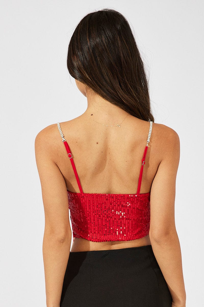 Red Sequins Cami Cowl Neck Crop