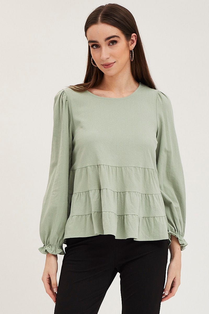Green Smock Top Long Sleeve