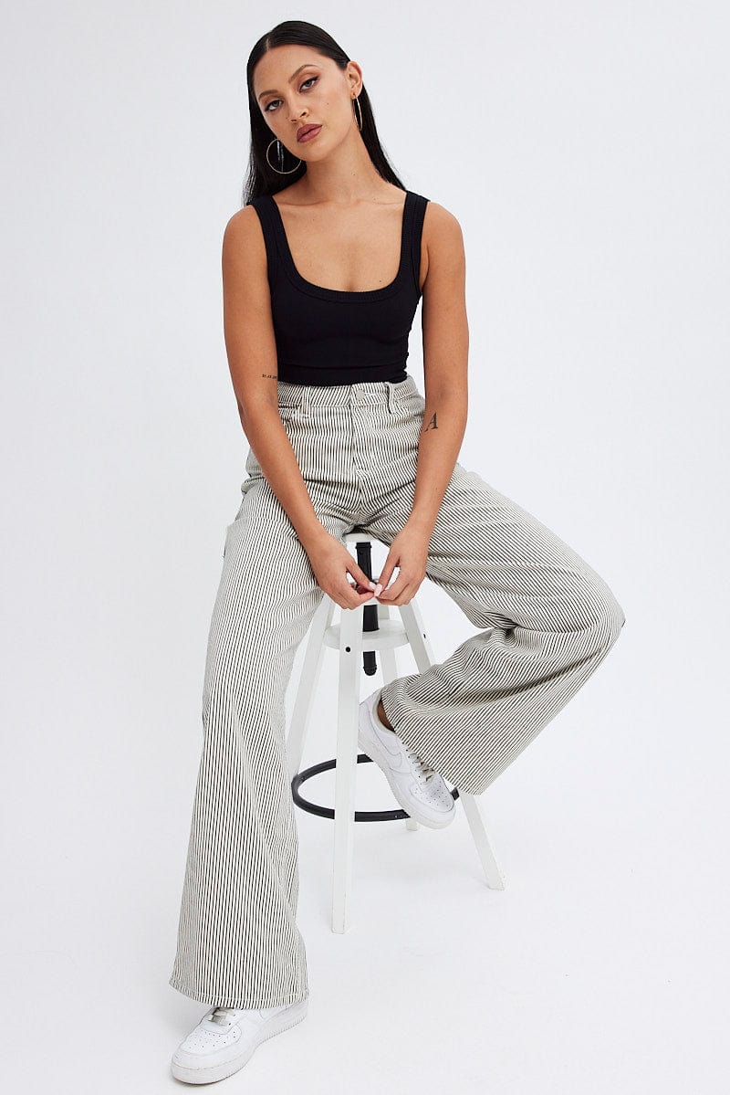 Grey Stripe Wide Leg Jeans High Rise