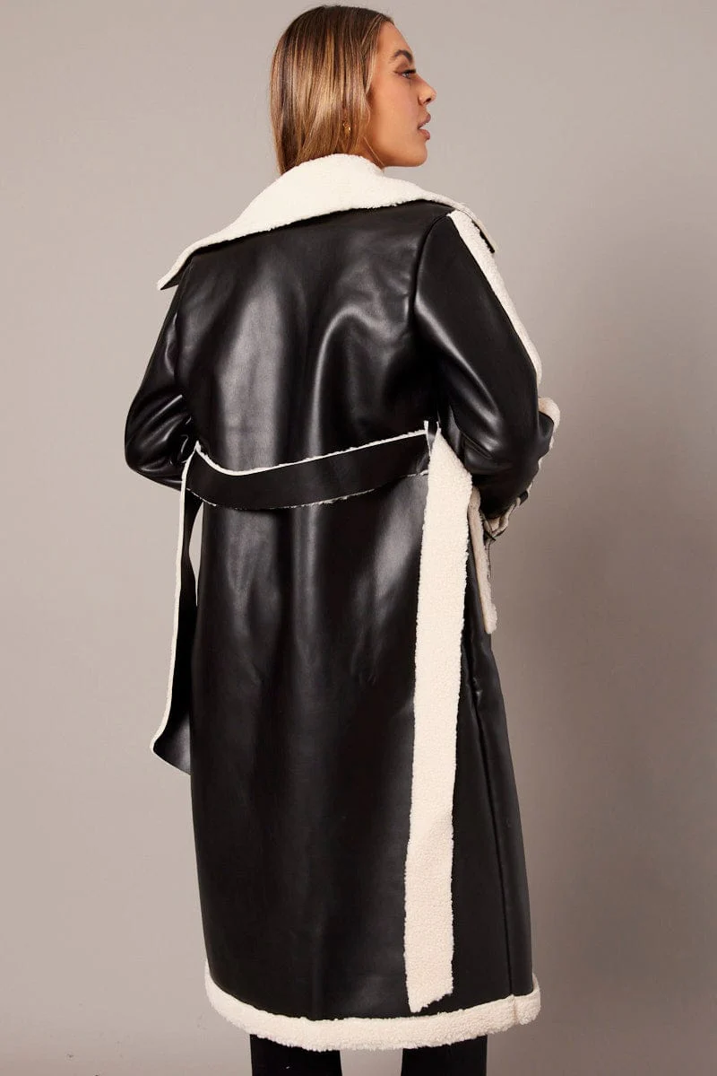 Black Long Coat Shearling Lined Faux Leather