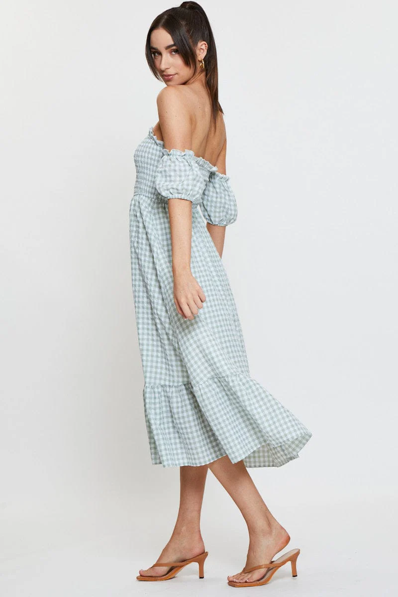 Check Midi Dress Off Shoulder Short Sleeve