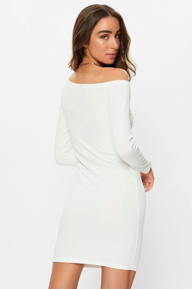 White Snap Button Off Shoulder Dress