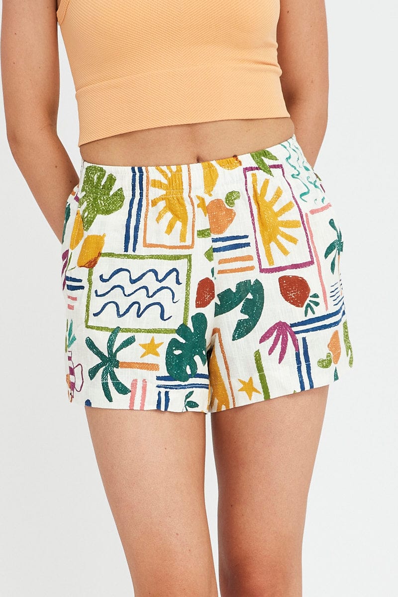 Green Abstract Shorts High Rise Linen Blend