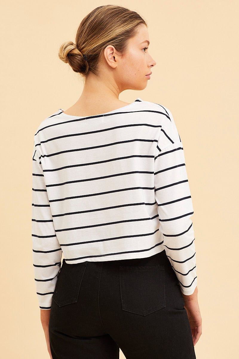 Stripe Boxy Top Wide Neck Long Sleeve