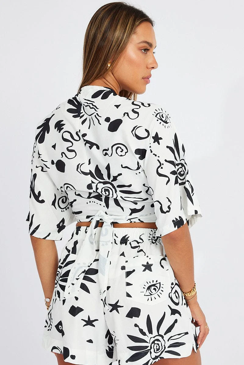 White Abstract Tie Up Bolero Short Sleeve