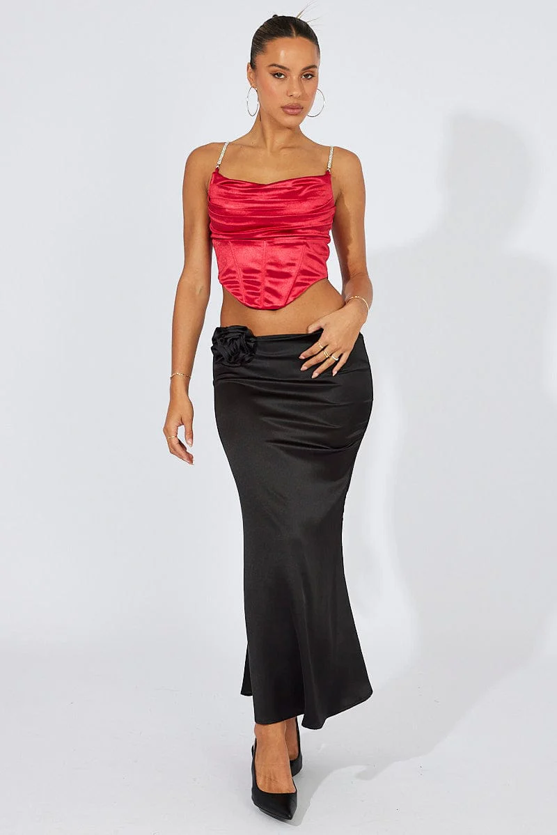 Red Satin Cami Sleeveless Diamante Strap