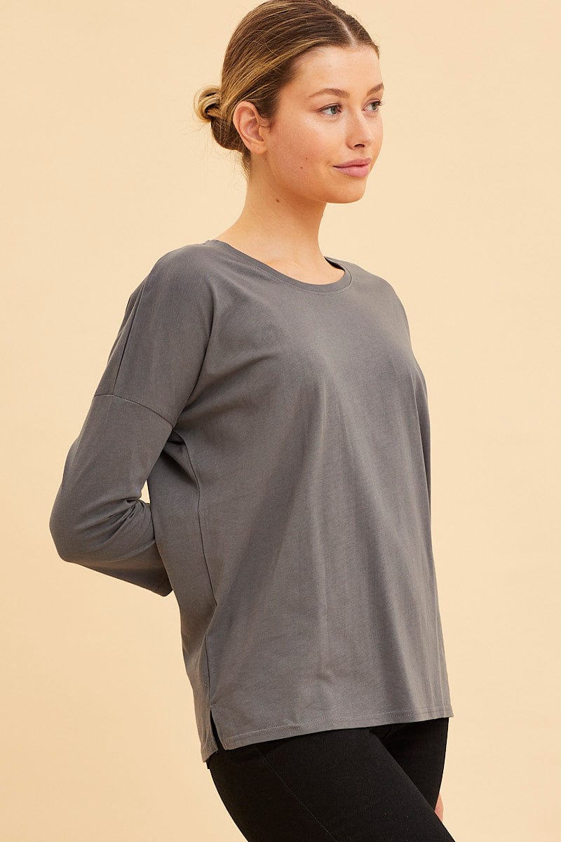 Grey Cotton Top 3/4 Sleeve Drop Shoulder Relaxed Fit