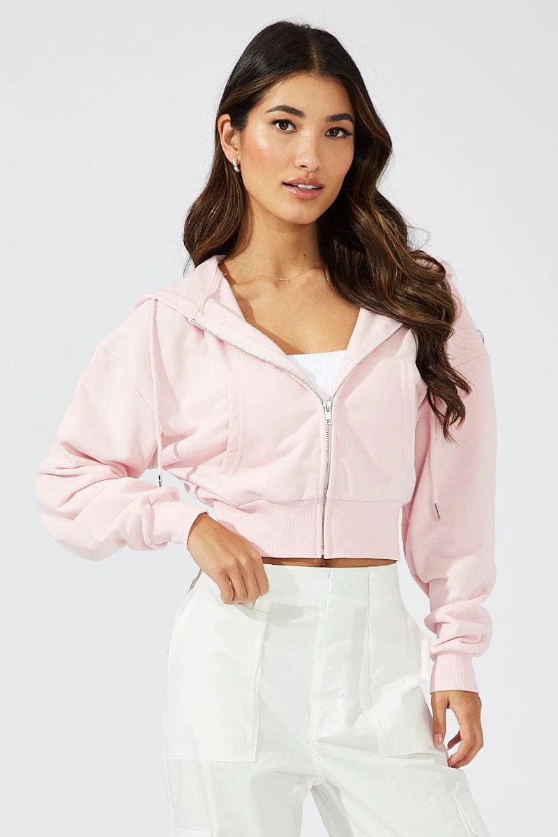 Pink Hoodie Zip Long Sleeve