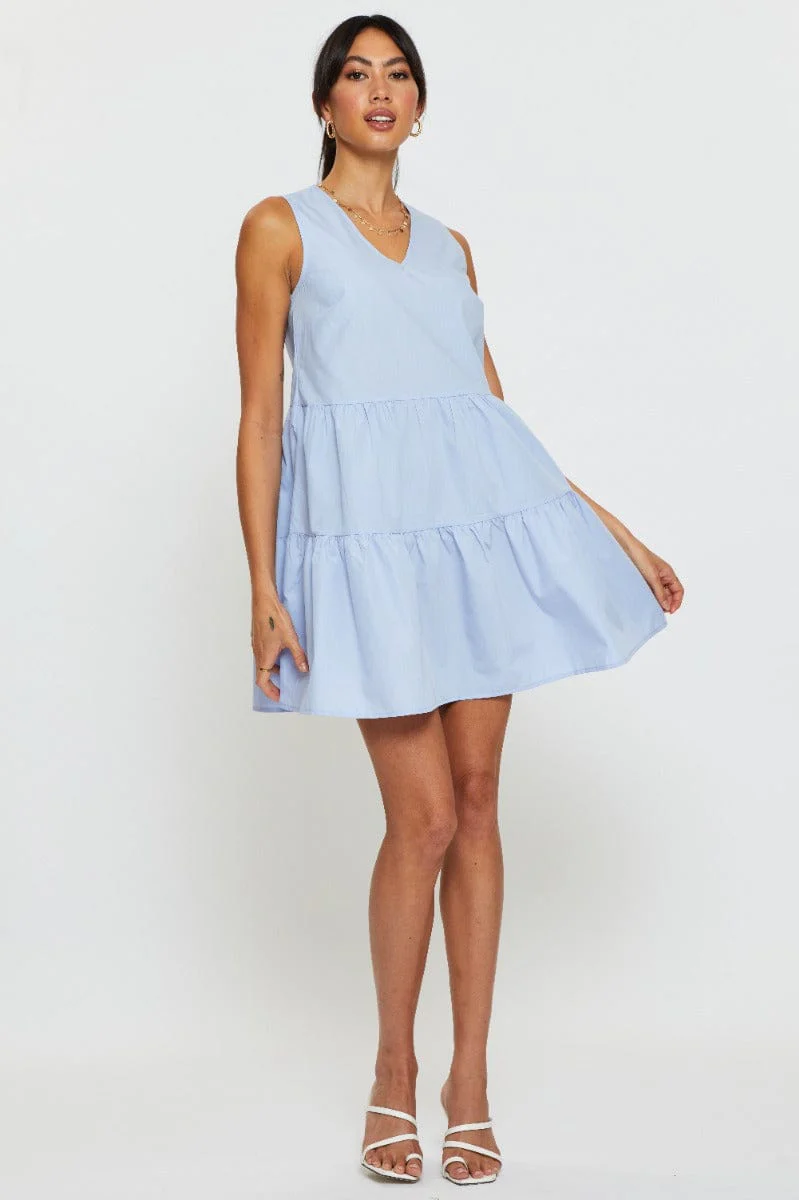 Blue A Line Dress Mini V Neck