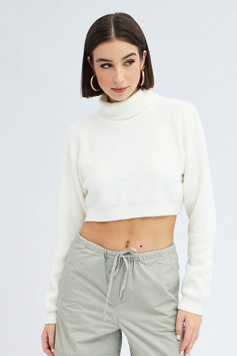 White Knit Jumper Turtle Neck Crop