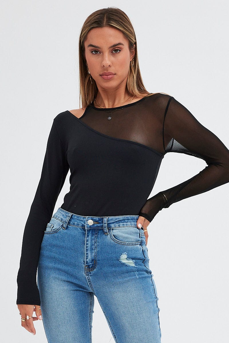 Black Bodysuit Round Neck Long Sleeve