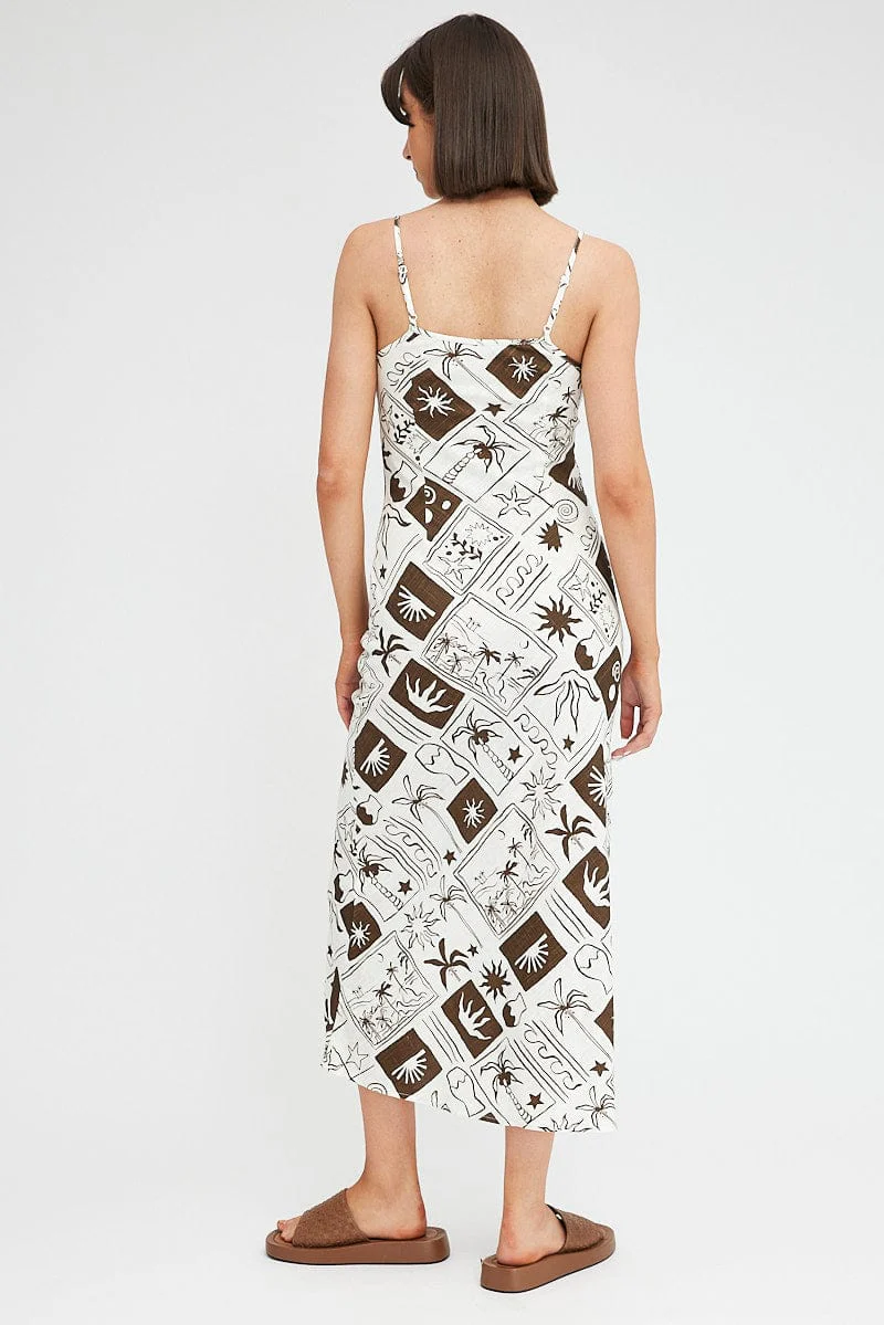 Brown Abstract Maxi Dress Bias Cut Linen Blend
