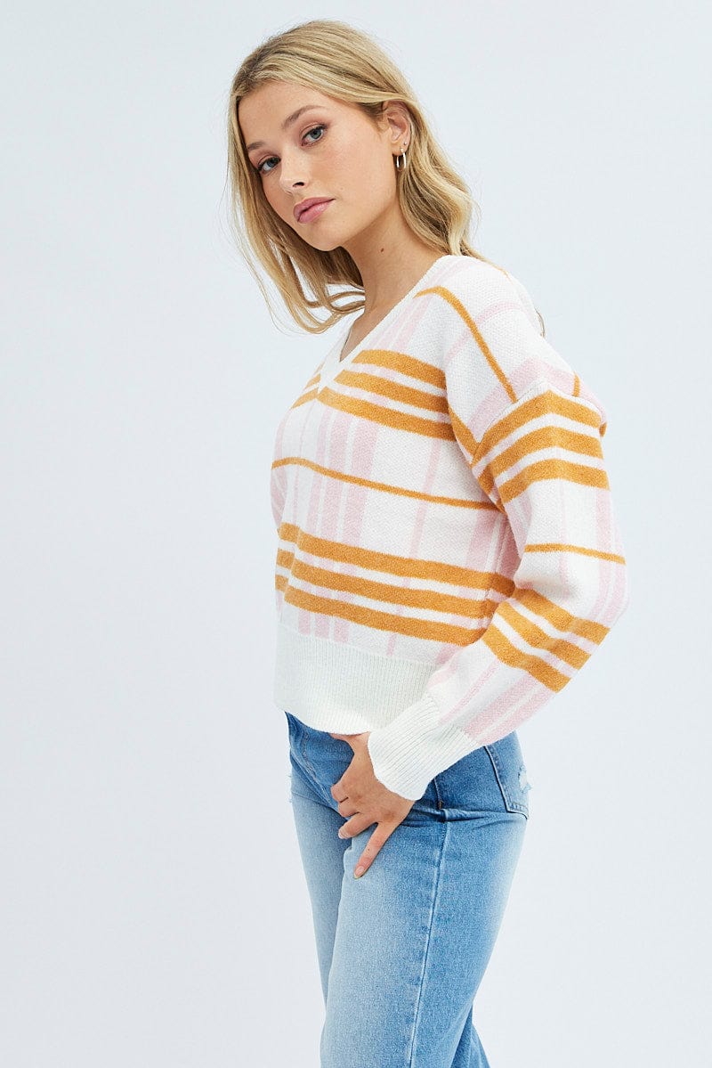 Check Knit Top Long Sleeve Round Neck