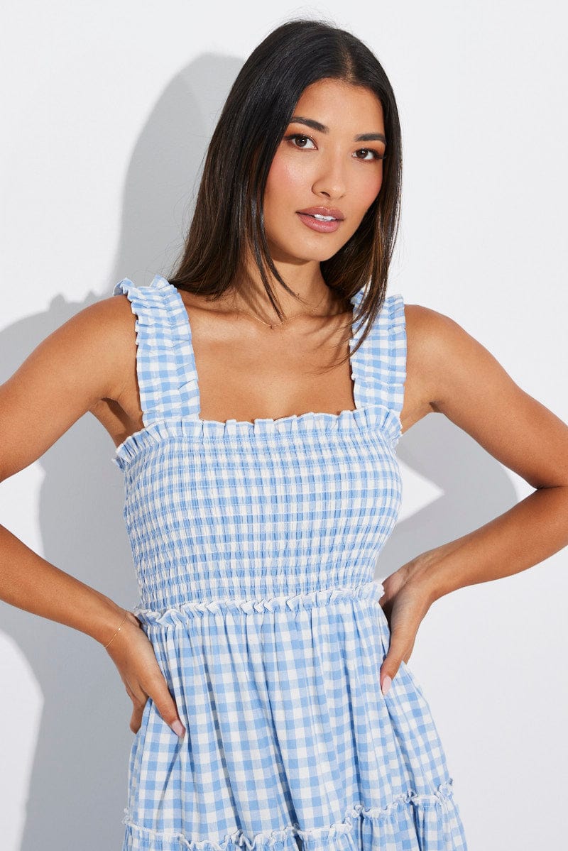 Blue Check Maxi Dress Shirred Bust Tiered