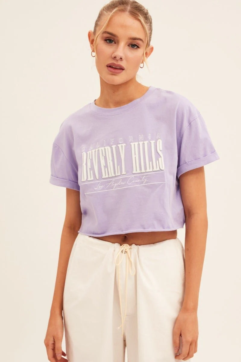 Purple Graphic T Shirt Short Sleeve Round Neck Crop