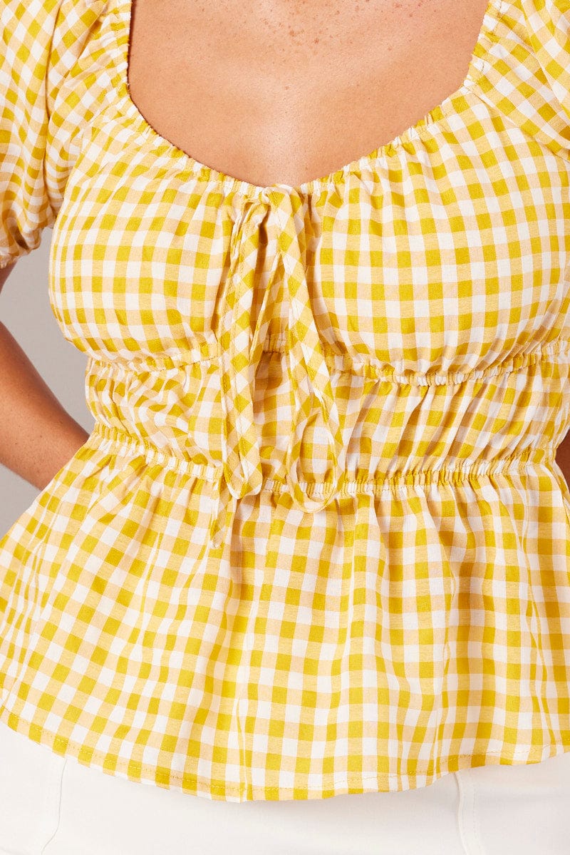 Yellow Check Ruched Peplum Top Short Sleeve