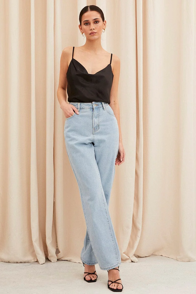 Black Cami Top Sleeveless Cowl Neck Longline Satin