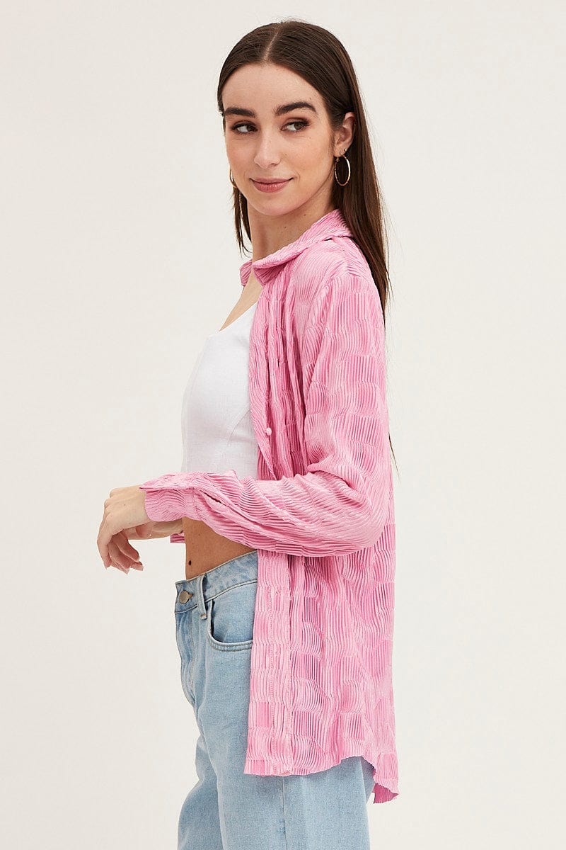 Pink Long Sleeve Plisse Shirt