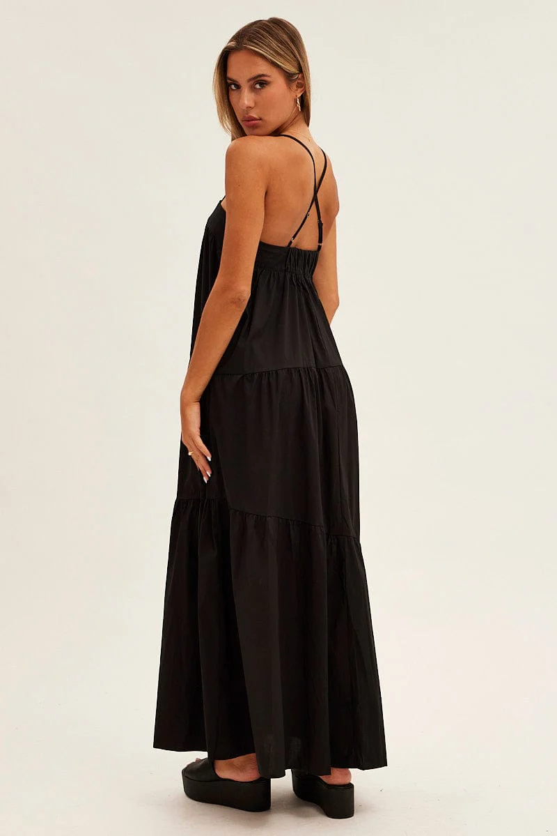 Black Midi Dress Sleeveless Square Neck Poplin