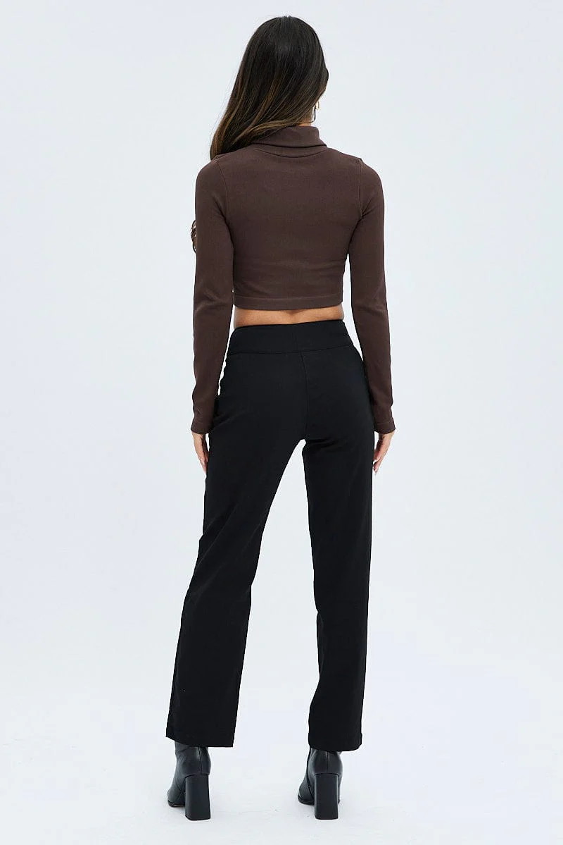 Black Straight Fit Pants Mid Rise