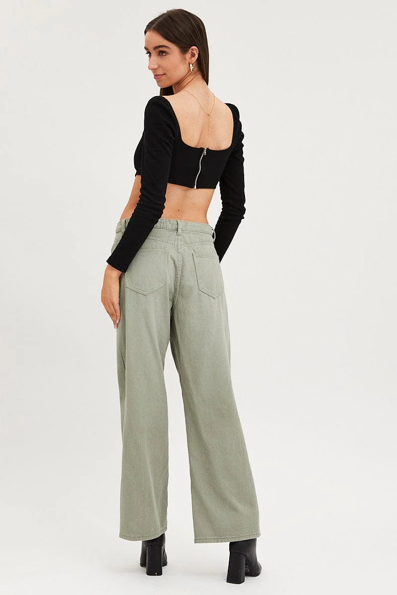 Green Wide Leg Denim Jeans High Rise