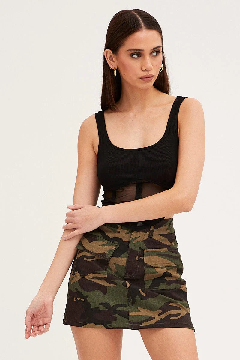 Green Print Camoflage Cargo Mini Skirt