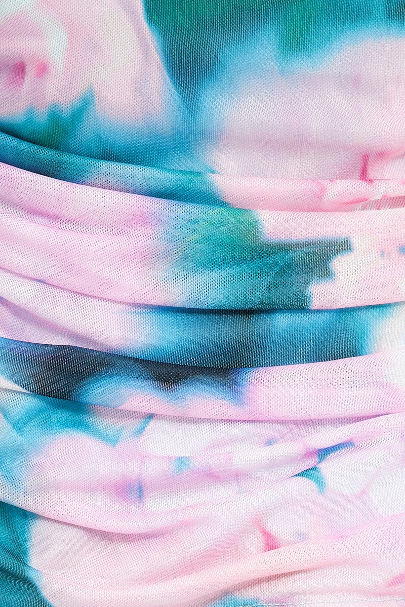 Pink Abstract Top Long Sleeve Crew Neck Longline Ruched Mesh