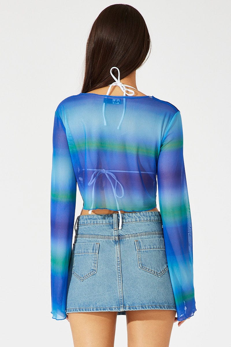 Blue Abstract Tie Up Front Top Long Sleeve Mesh