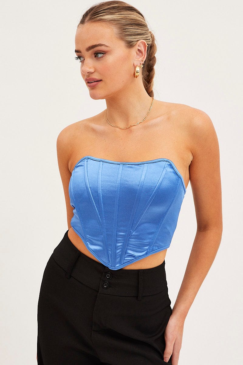 Blue Bandeau Sleeveless Strapless Stretch Satin